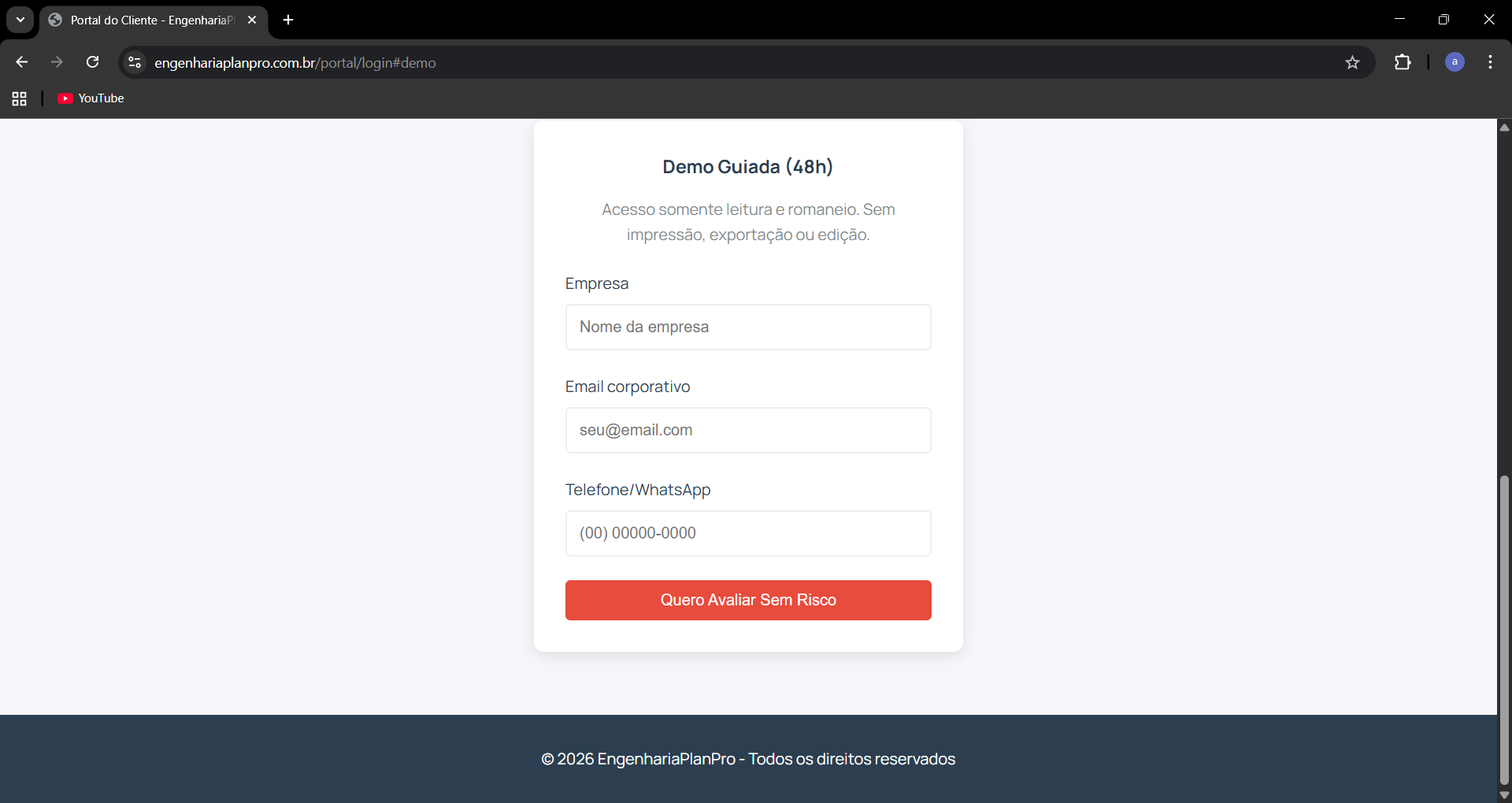 Tela de demo com formulário para iniciar avaliação