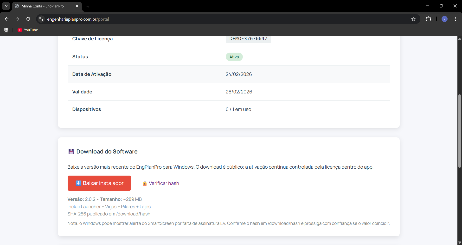 Portal do cliente com chave de licença e botão para baixar instalador